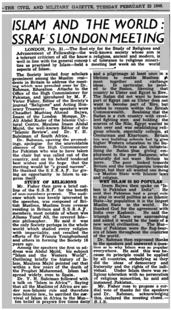 The Civil & Military Gazette Tuesday 22 February 1949 reports about meeting held under society of Islamic studies.
