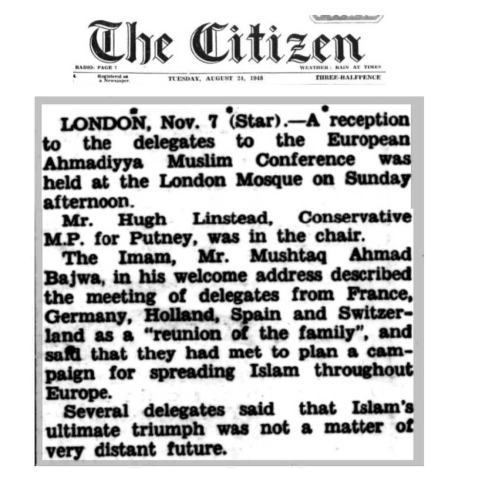 Mushtaq Ahmad Bajwa holds Ahmadiyya Muslim Conference UK in 1948.